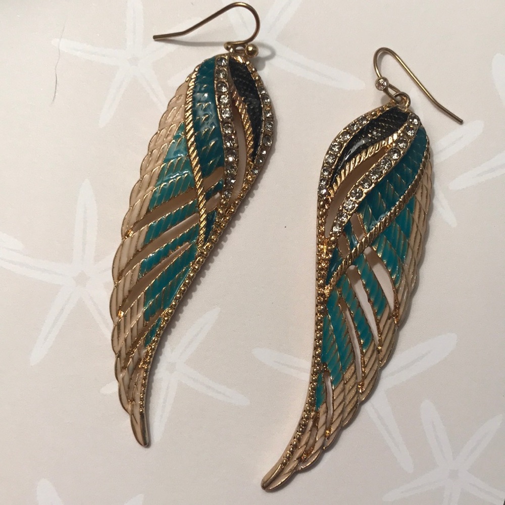 Metal angel wings hanging earrings gold/teal